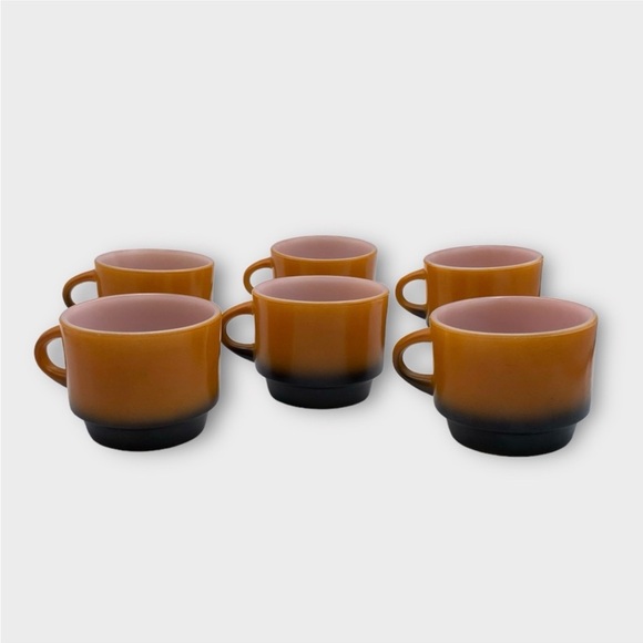 Vintage 60s Fire King Orange and Black Ombré Milk Glass Stackable Mugs set of 6 - Picture 5 of 15